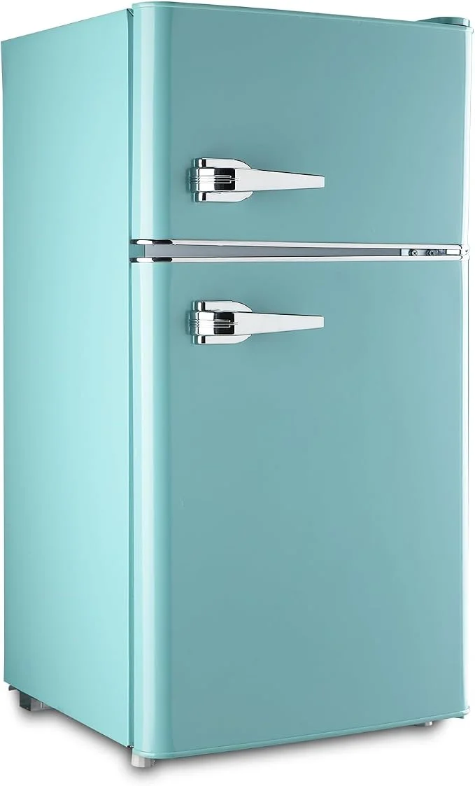 Mini-Frigorífico Retro WANAI 2 Portas — Prateleiras de Vidro Ajustáveis, Ideal para Quarto e Escritório