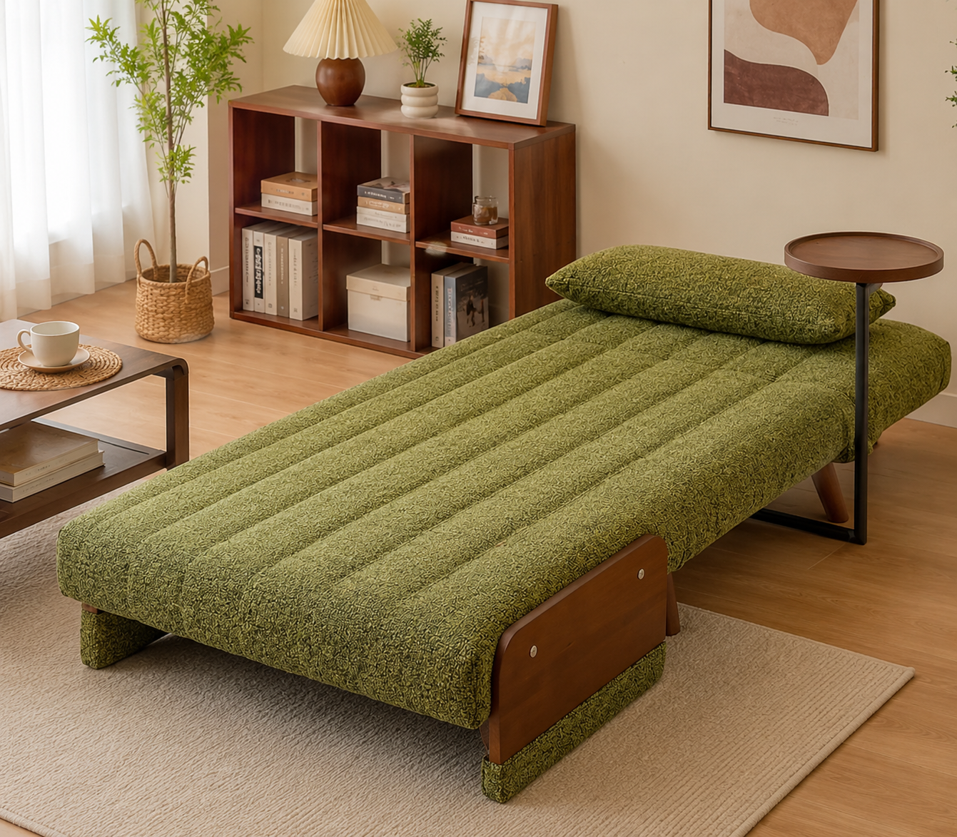 SOFÁ-CAMA PREMIUM DOBRÁVEL 2 EM 1 COM MESA LATERAL INTEGRADA