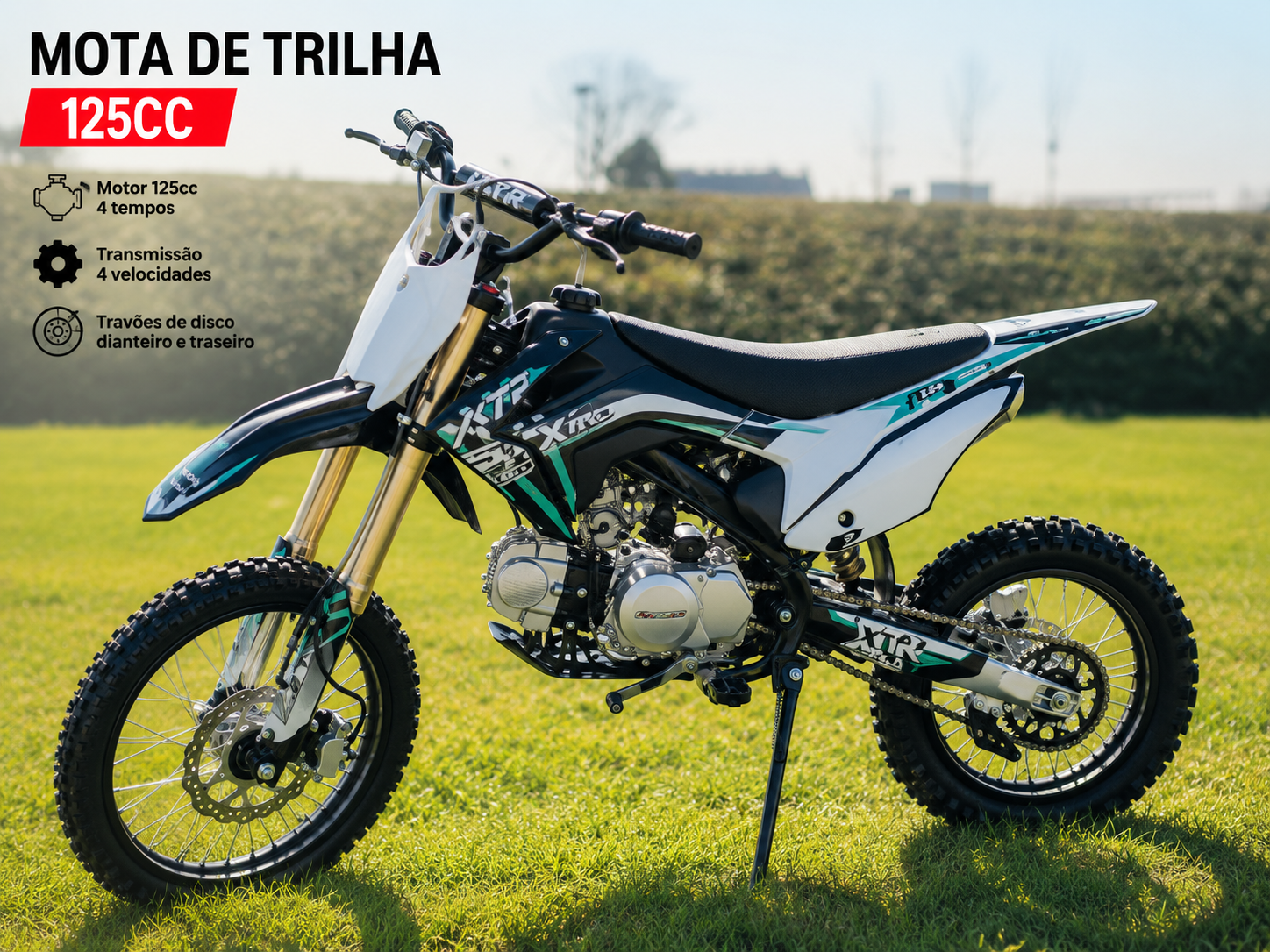 MOTA DE TRILHA PREMIUM 125CC OFF-ROAD COM MOTOR 4 TEMPOS E TRAVÕES DE DISCO