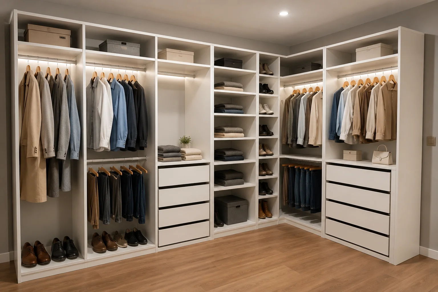 GUARDA-ROUPA MODULAR EM L COM GAVETAS – ORGANIZE TODO O SEU QUARTO COM ELEGÂNCIA E MÁXIMO APROVEITAMENTO DO ESPAÇO